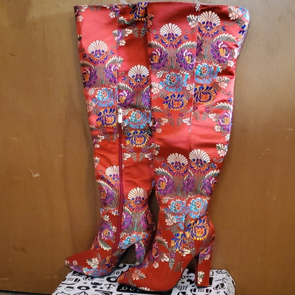 Womens Red Printed Over-the-Knee Boots